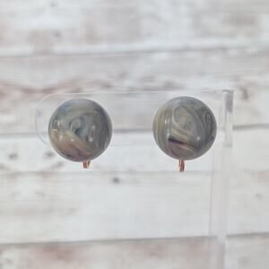 Vintage Clip On Earrings Marbled Muted Green Tones Domed